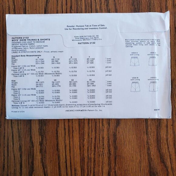 Vintage 90s Kwik Sew Pattern 2132 Uncut Boys Swim Trunks 4 5 6 7 8 10 12 14 - Picture 3 of 3